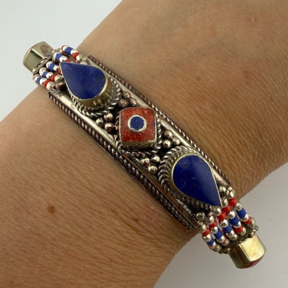 Tibetan Lapis Coral Bracelet 7.5" Blue Red Silver Boho